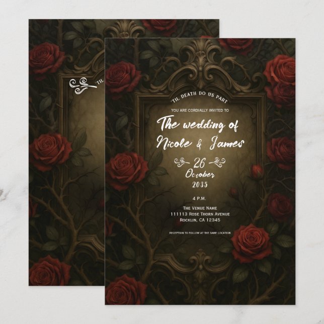 Crimson Thorn Rote Rosen Gothic Baroque Wedding Einladung (Vorne/Hinten)