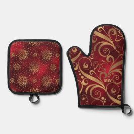 Crimson und Gold Weihnachten Ofenhandschuh & Topflappen-Set