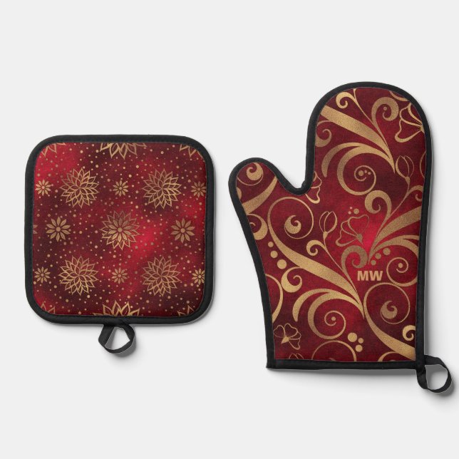 Crimson und Gold Weihnachten Ofenhandschuh & Topflappen-Set (Vorderseite)