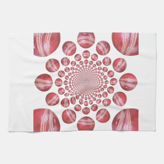 Crimson Vortex: Schöne Kunst im Roten Cricket-Ball Küchentuch (Horizontal)