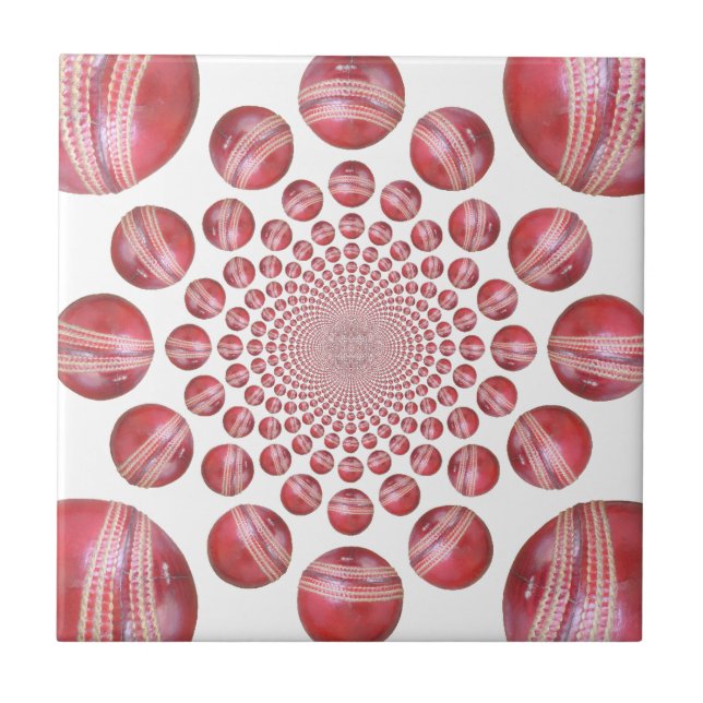 Crimson Vortex: Schöne rote Cricketball-Kunst Fliese (Vorderseite)