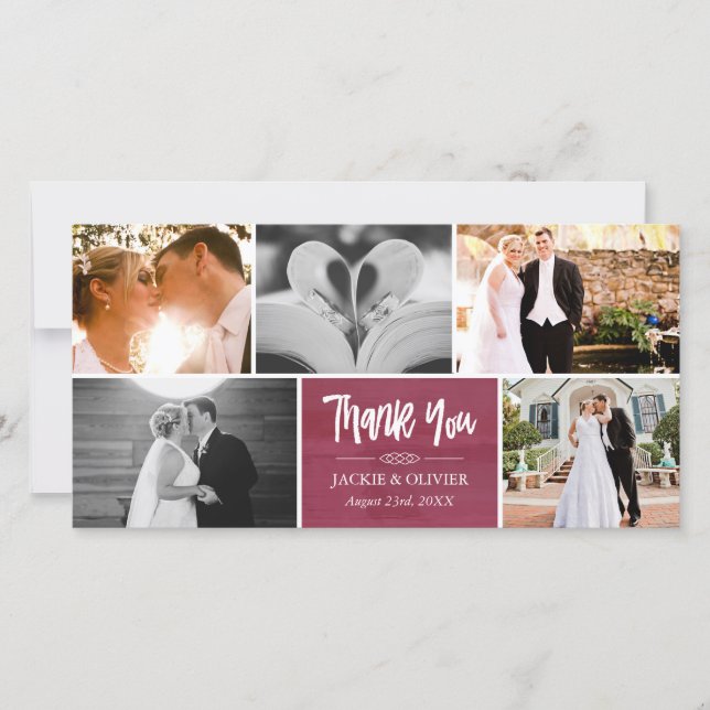 Crimson & White Wedding Foto Collage Vielen Dank Dankeskarte (Vorderseite)