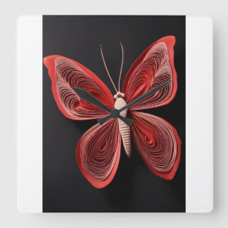 Crimson Wings: Red Butterfly Tattoo Wall Watch Quadratische Wanduhr