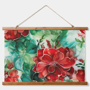 Crimson Yuletide Blooms Botanical Wandteppich Mit Holzrahmen