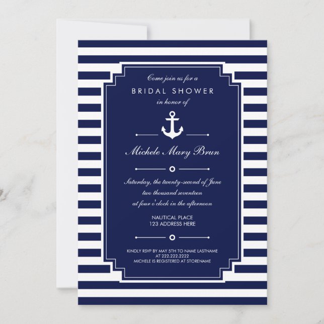 Crisp Blue White Nautical Bridal Dusche Einladung (Vorderseite)