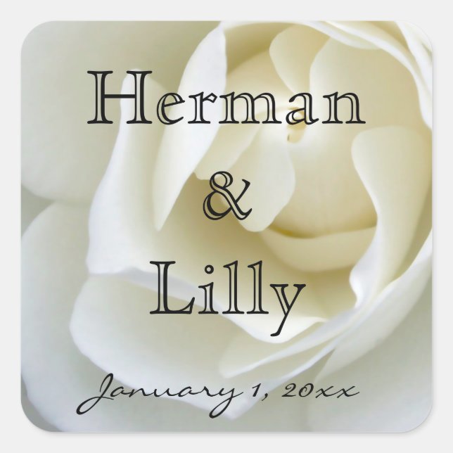 Crisp White Rose Personalisiert Wedding Quadratischer Aufkleber (Vorderseite)