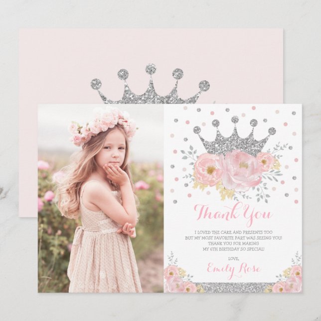 Crocess Blush Pink Silver Birthday Foto Dankeskarte (Vorne/Hinten)