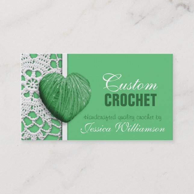 Crochet - Cartes de visite verts en forme de coeur (Devant)