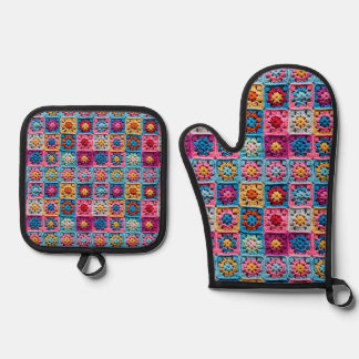 Crochet Granny Square Mustereffekt Ofenhandschuh & Topflappen-Set