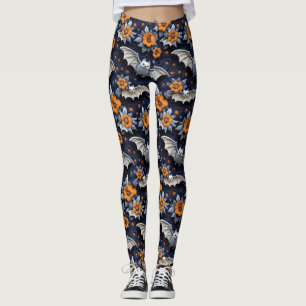 Crochet Look Halloween Fledermäuse und Orange Blum Leggings