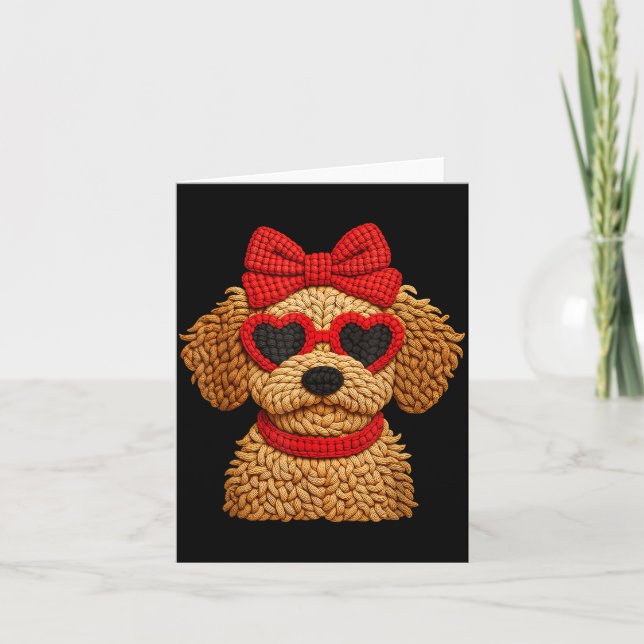 Crochet Puppy Heart Sungles Red Bow Valentines Day Karte (Vorderseite)