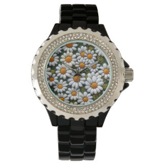 Crochet White Daisies Spring Wildflowers Armbanduhr