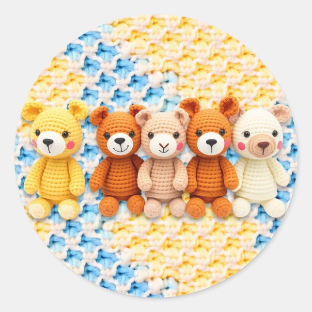 Crocheted Stuffed Animals Blue and Yellow Runder Aufkleber (Vorderseite)