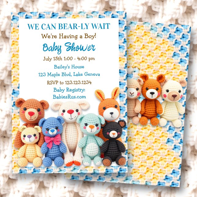Crocheted Stuffed Animals Boy's Baby Shower Einladung (Von Creator hochgeladen)
