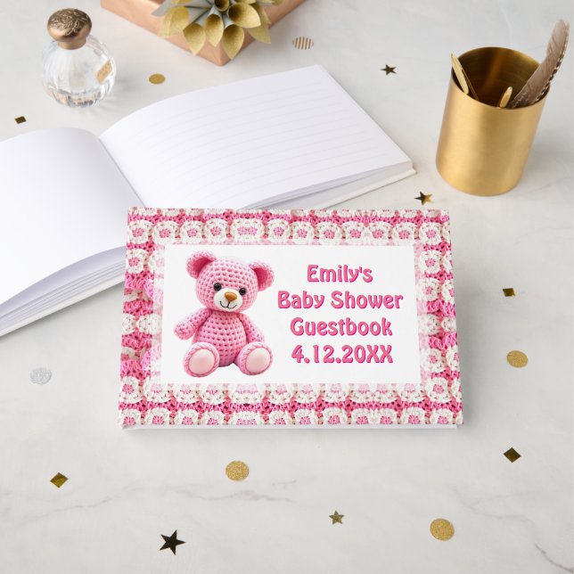  Crocheted Teddy Bear Girl's Baby Shower Gästebuch (Vorderseite Offen)