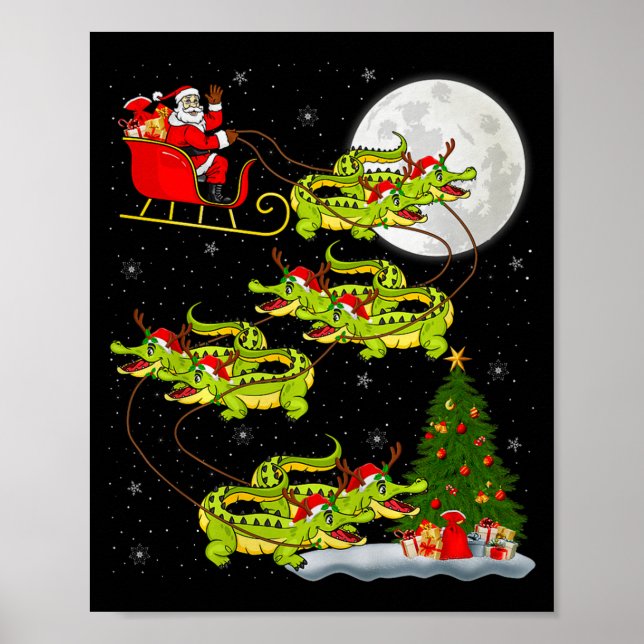Crocodile Alligators Santa Sleigh Flying Funny Chr Poster (Vorne)