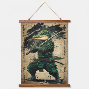 Crocodile Samurai Warrior - Japanischer Tintenstil Wandteppich Mit Holzrahmen