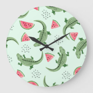 Crocodile Watermelon, Abstraktes Vintages Muster. Große Wanduhr