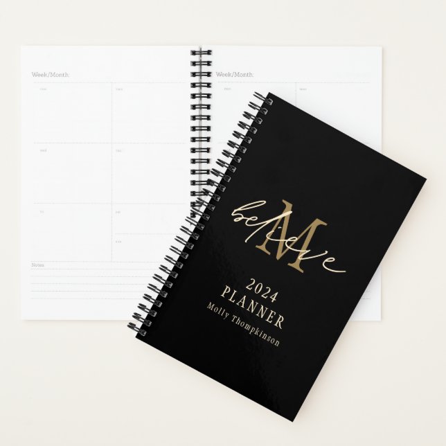 Croire Script 2024 Monogramme Nom initial Noir (Devant avec enveloppe)