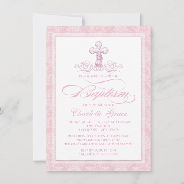 Croisière rose Damas Filles Baptême Invitations (Devant)