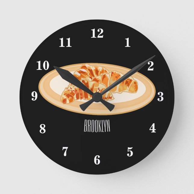 Croissant-Cartoon-Abbildung Runde Wanduhr (Vorderseite)