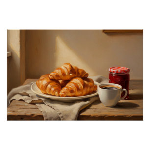 Croissant- und Kaffeemorgen-Stillleben im gemütlic Poster