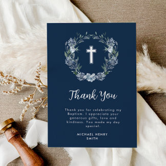 croix blanche bleu fleuri baptême carte de remerci