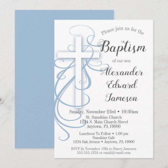 Croix Bleu Blanc Swirl Baptême Invitation garçons (Devant / Derrière)