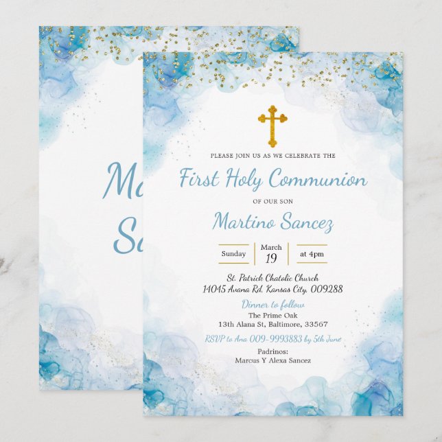 Croix Bleue Elegant première communion Invitation (Devant / Derrière)