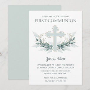 Croix bleue et feuillage Invitations de première c