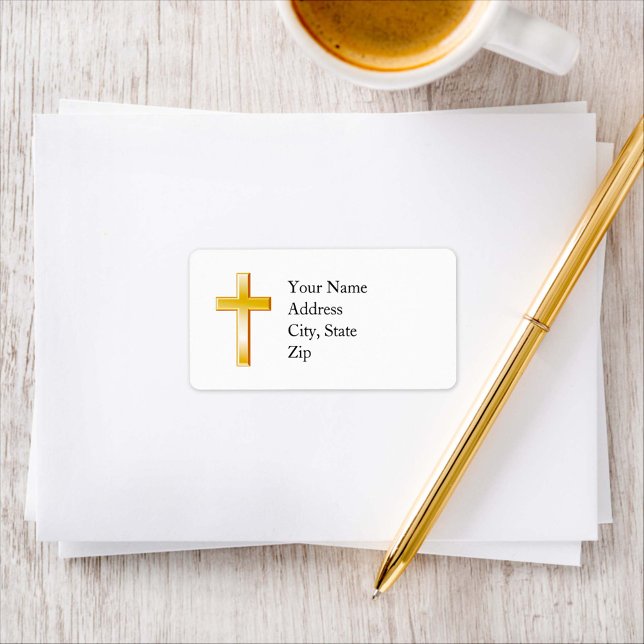 Croix chrétienne d'or Étiquettes de adresse (Address labels with a gold cross, religious symbol of the Christian faith. )