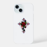 Croix d'argent avec une rose rouge
