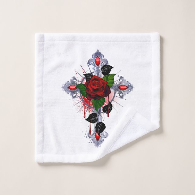 Croix d'argent avec une rose rouge (Gant de toilette)