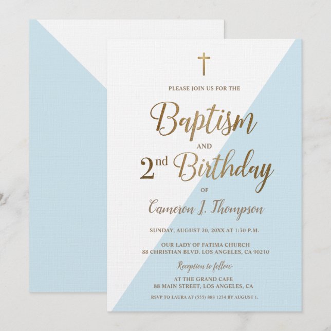 Croix d'or bleu Baptême 2e Invitation anniversaire (Devant / Derrière)