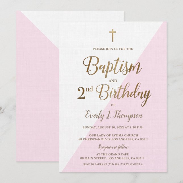 Croix d'or rose Baptême 2e Invitation anniversaire (Devant / Derrière)