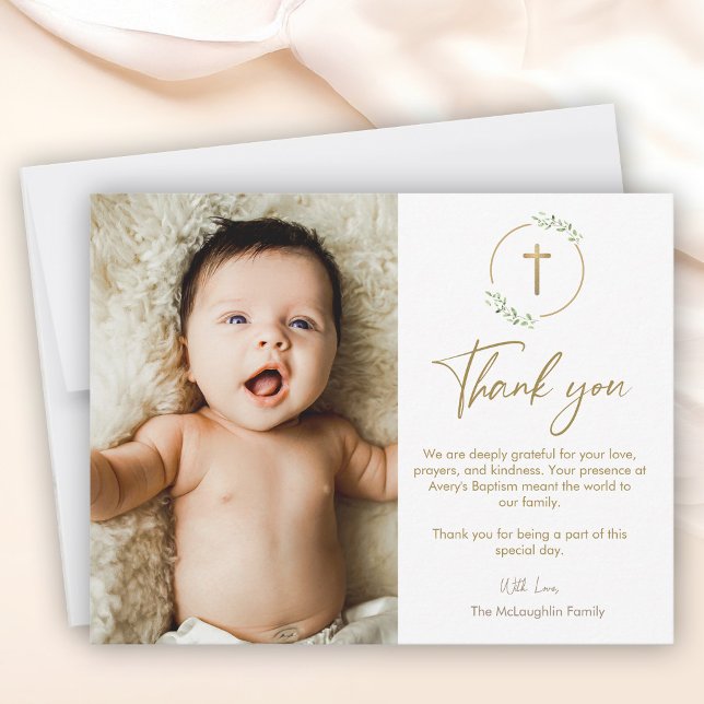 Croix d'or vert Wreath Baptême Merci photo (Baptism thank you photo baby card, gold cross, botanical wreath.)