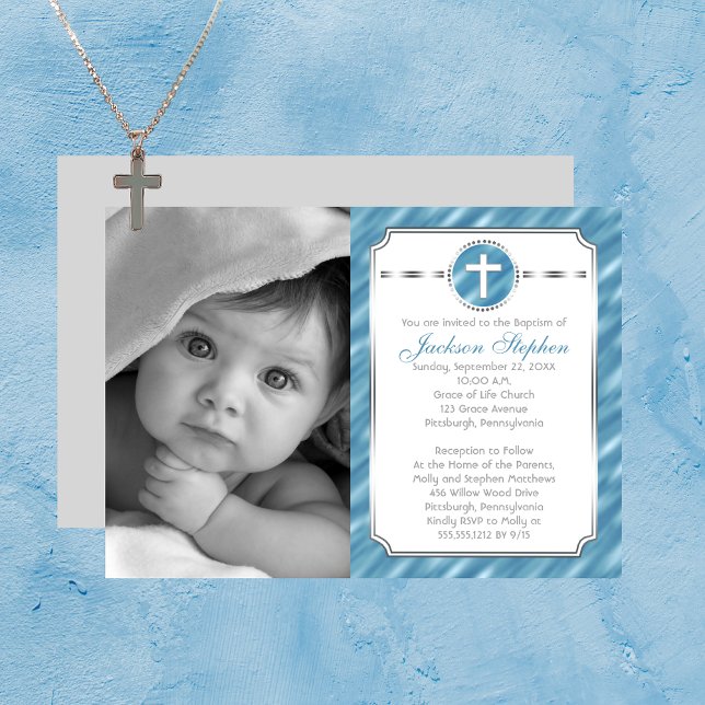 Croix en Cercle Blue Boy Photo Baptême Invitation (Cross in Circle Blue Boy Photo Baptism Invitation)