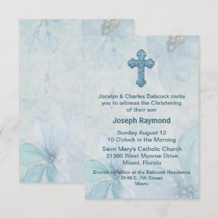 Croix Florale Bleue Bébé Christening Invitation