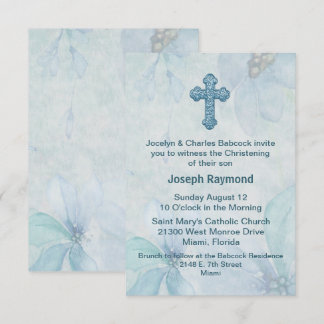 Croix Florale Bleue Bébé Christening Invitation