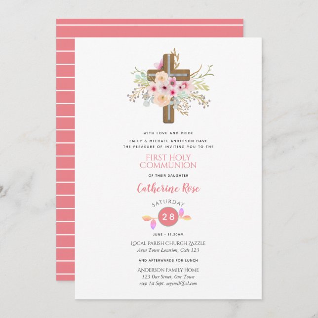 Croix florale Première Sainte Communion Invitation (Devant / Derrière)