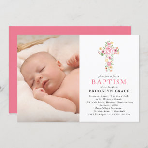 Croix florale rose Baptême Photo Invitation