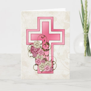 Croix rose avec fleurs 2 Carte de voeux chrétienne