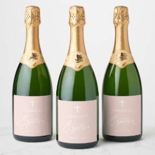 Croix rose Baptême de fille Étiquette de bouteille