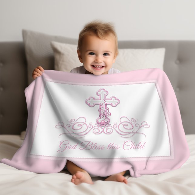 Croix rose Bébé fille Baptême couverture (Pink cross christening and baptism baby blanket. Personalize with your text or leave as is.)