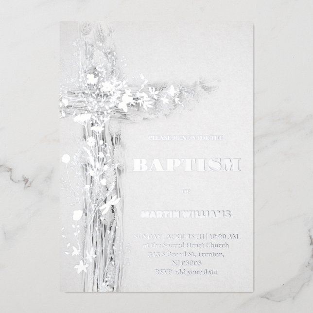Croix sainte Baptême feuille d'argent Invitation (Recto)