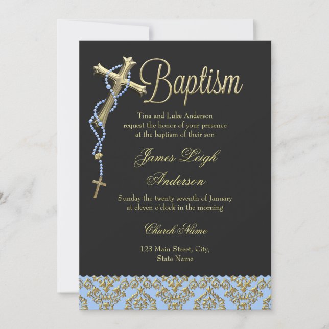 Croix Sainte & Damask Baptême Noir Bleu Invitation (Devant)