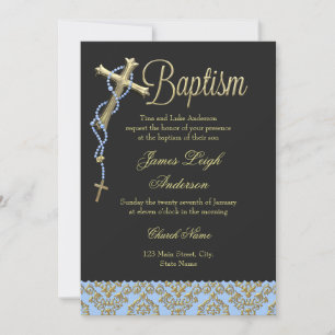 Croix Sainte & Damask Baptême Noir Bleu Invitation