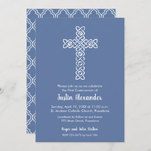 Croix sur Blue Grey First Communion Invitations