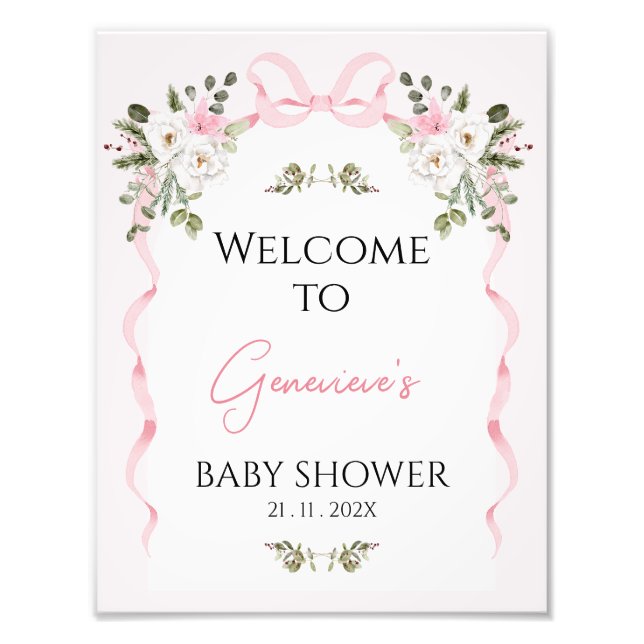 Croquette Pink Bow Arch Baby Dusche Begrüßungszeic Fotodruck (Vorne)