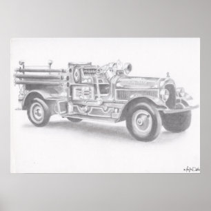 Croquis crayon de camion de feu grand poster de ré